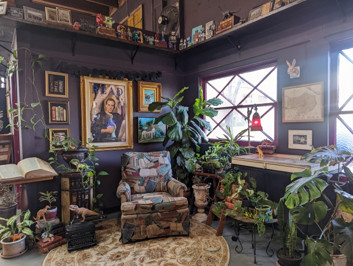 Antique bookstore with artwork and plants.
